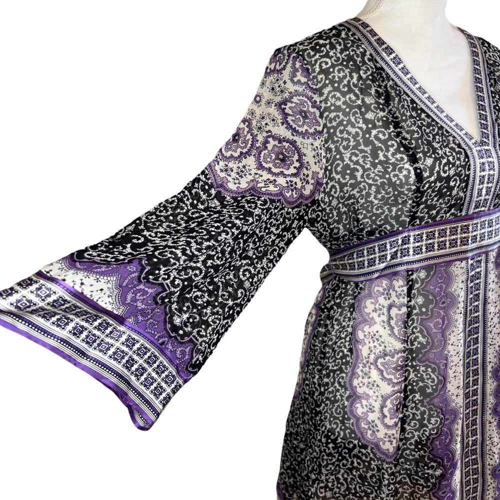 INC International Concepts  VNeck Long Sleeve Black Purple Sheer Silk Dress * 10 - Picture 6 of 15
